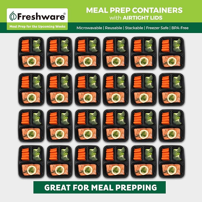 Freshware Meal Prep Containers [15 Pack] 3 Compartment with Lids, Food Containers, Lunch Box, BPA Free, Stackable, Bento Box, Microwave/Dishwasher/Freezer Safe (32 oz)