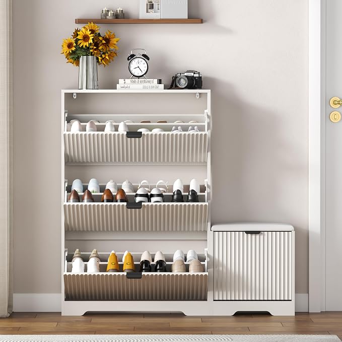 HUANLEGO Shoe Cabinet Storage for Entryway with Flip Drawer & Bench, White