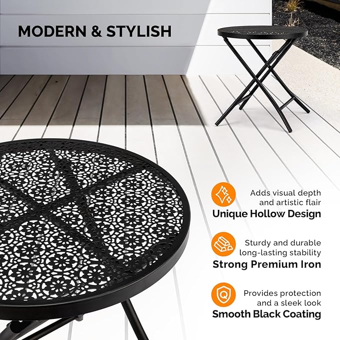 VINGLI Outdoor Folding Side Table with Chic Hollow Pattern and Durable, Rust-Resistant Coated Iron Patio Bistro Table Suitable for Indoor & Outdoor Porch, Deck, Balcony and Pool,Black