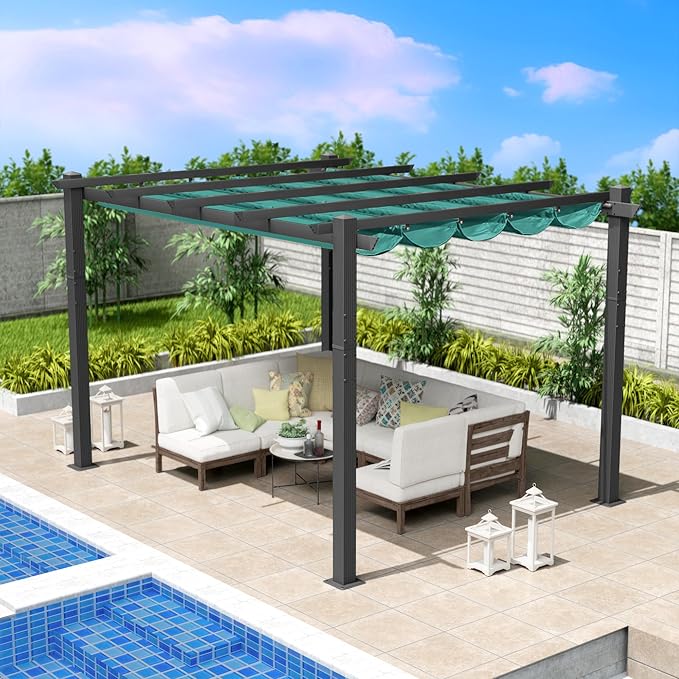 Kozyard Morgan Outdoor Retractable Pergola with Sun Shade Canopy Patio Aluminum Pergola Shelter for Backyard Deck Garden Modern Metal Grill Gazebo (10' x 12', Blue)