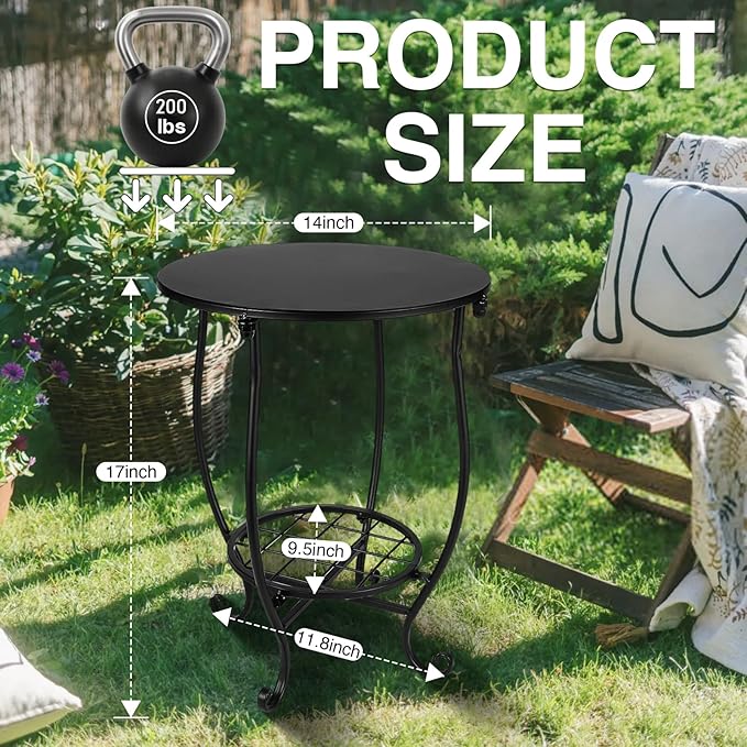 2 Tier Outdoor Side Table,14" Diameter and 17" H Weather Resistant Metal Round Outdoor End Table Side Table for Patio Yard Porch Balcony Garden Bedside,Suitable for Indoor and Outdoor use