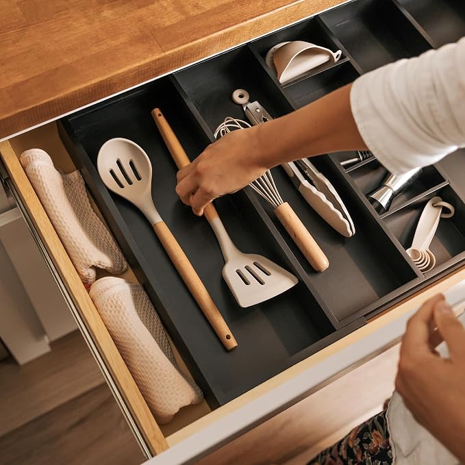KitchenEdge Utensil & Junk Drawer Organizer, 16-28 in, Black Bamboo