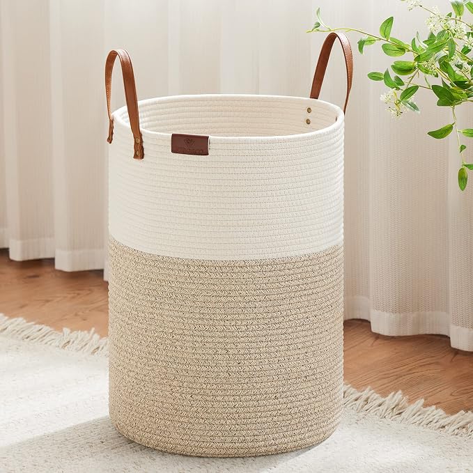 VIPOSCO 72L Tall Woven Rope Laundry Hamper, Leather Handles, White & Brown | Large Wicker Laundry Basket for Dirty Clothes, Blanket, Toy, Towel, Yoga Mat, Storage Bin in Bedroom, Bathroom, Living Room