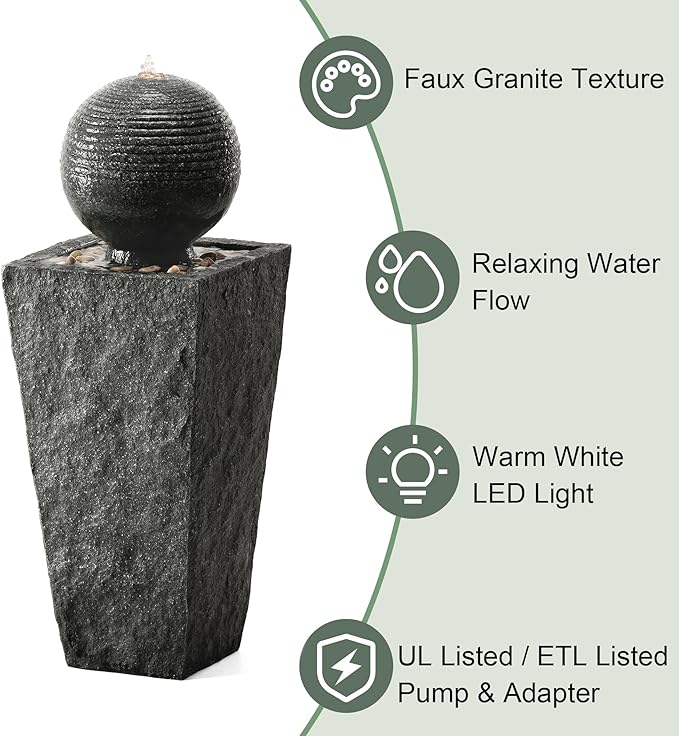 Glitzhome Outdoor Water Fountain, Outdoor Fountain with Pebbles, Pump and LED Light, 31.75" H Modern Geometric Pedestal and Sphere Polyresin Waterfall Fountain for Patio, Backyard, Garden, Deck Decor