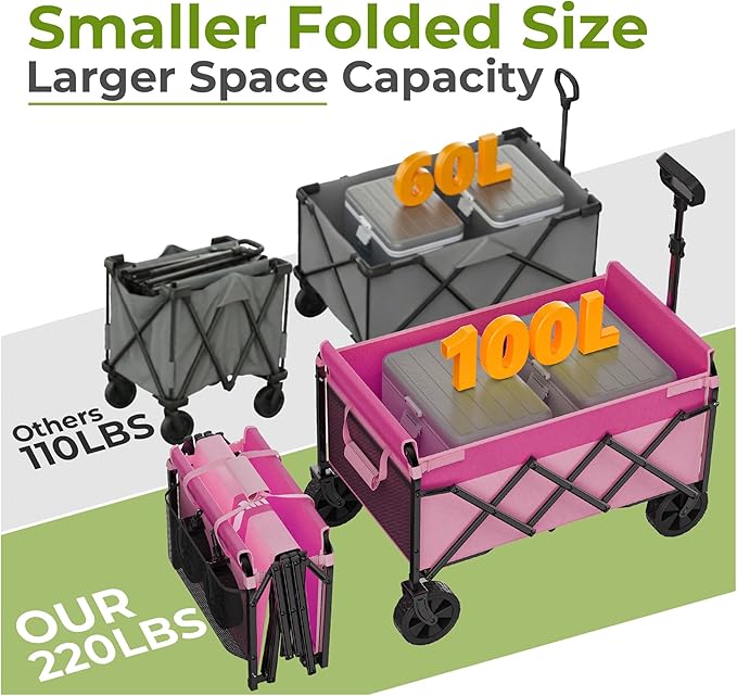 Pink Collapsible Wagon Cart, Lightweight Folding Utility Cart with Wheels, 220lbs Capacity Portable Grocery Cart for Sporting Events, Garden, Shopping (Pink)