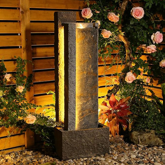 Sunlinua 43H Modern Outdoor Water Fountain with LED Light Garden Cascading Waterfall Feature for Indoor or Outdoor Cascading Waterfall for Relaxing Garden Patio Backyard Deck Porch or Home Décor