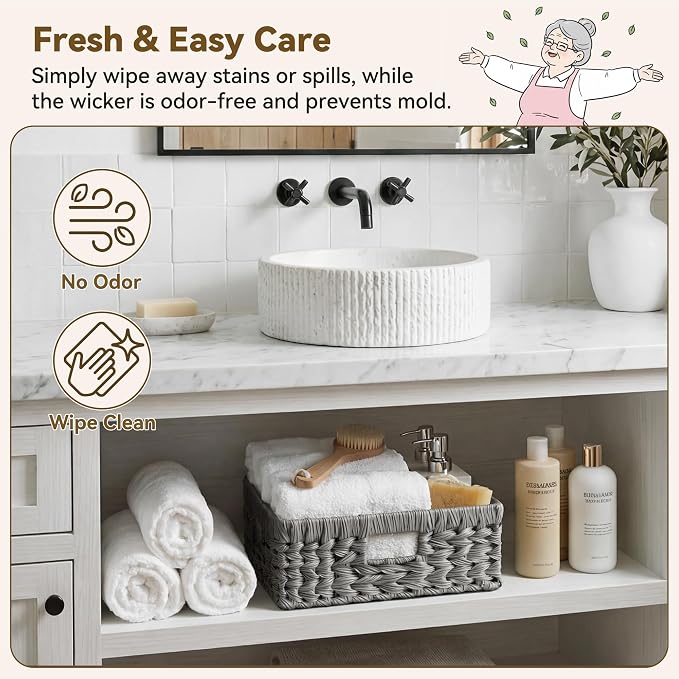 GRANNY SAYS Wicker Baskets for Organizing, Grey Pantry Baskets,1-Pack | Large Shallow Basket,Wicker Storage Baskets for Shelves,Woven Baskets for Storage,Rectangle Basket,Wicker Baskets for Storage