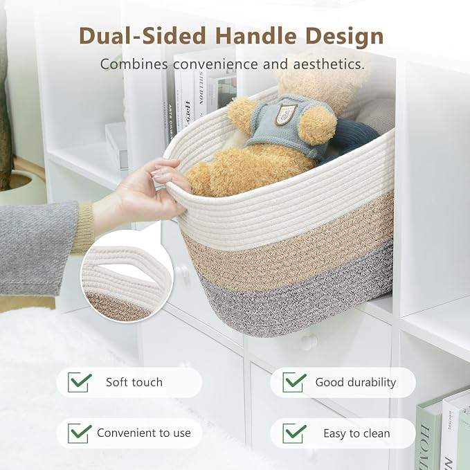 ECDYQXVU 15x10x9 Inch Woven Cotton Rope Storage Basket, 2 Pack | Foldable Design, Built-in Handles, Space-saving Organizer for Living Room, Bedroom, Laundry, Shelves, Clothes, Towels