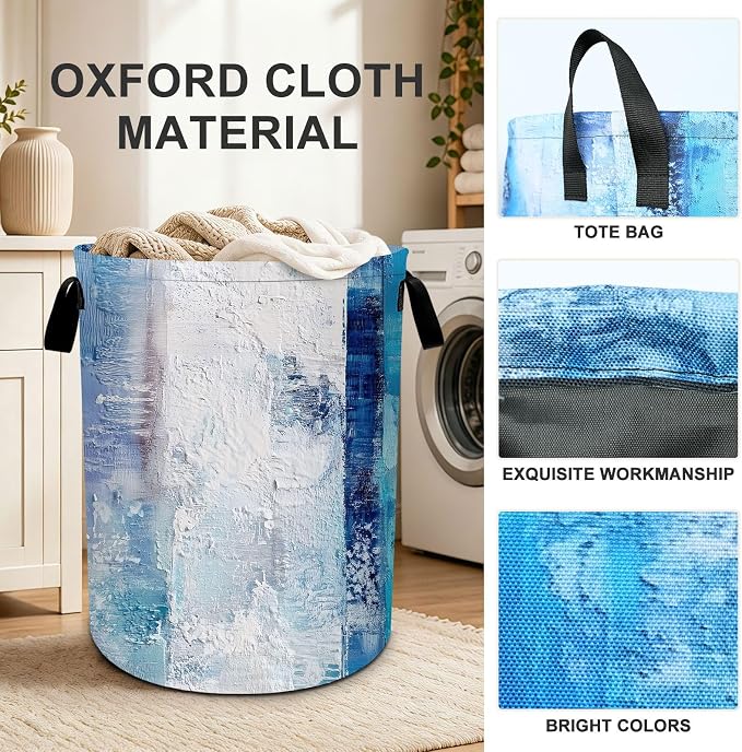 Abstract Blue Laundry Basket Collapsible Oxford Laundry Hamper Clothes Storage Bin with Handles for Bedroom Bathroom Laundry Room 19.6 x 15.7 Inches