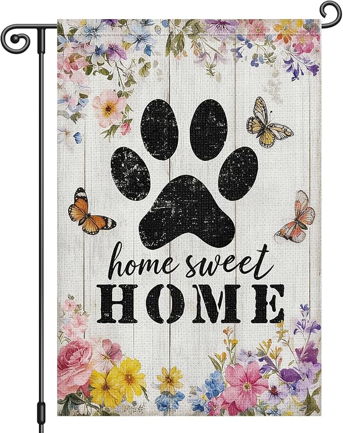 Heyfibro Spring Home Sweet Home Garden Flag 12x18 Inch Double Sided Floral Garden Flag Seasonal Small Paw Print House Flags for Outside Yard Farmhouse Spring Outdoor Decorations