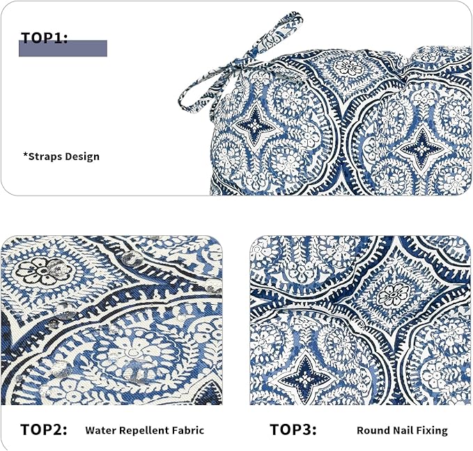 DYTXIII Set of 2 Outdoor Chair Cushions 19"x19"x4", Water Repellent Tufted Patio Seat Cushions with Ties, Thick Replacement Pads for Wicker Dining Chairs, Patio Furniture, Medallion Blue