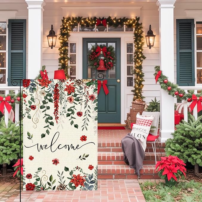 Christmas Red Poinsettia Welcome Garden Flag 12x18 Inch Double Sided, Xmas Berry Burlap Small Yard Flag Winter Floral Farmhouse Flags Seasonal Patio Outdoor Outside Decoration