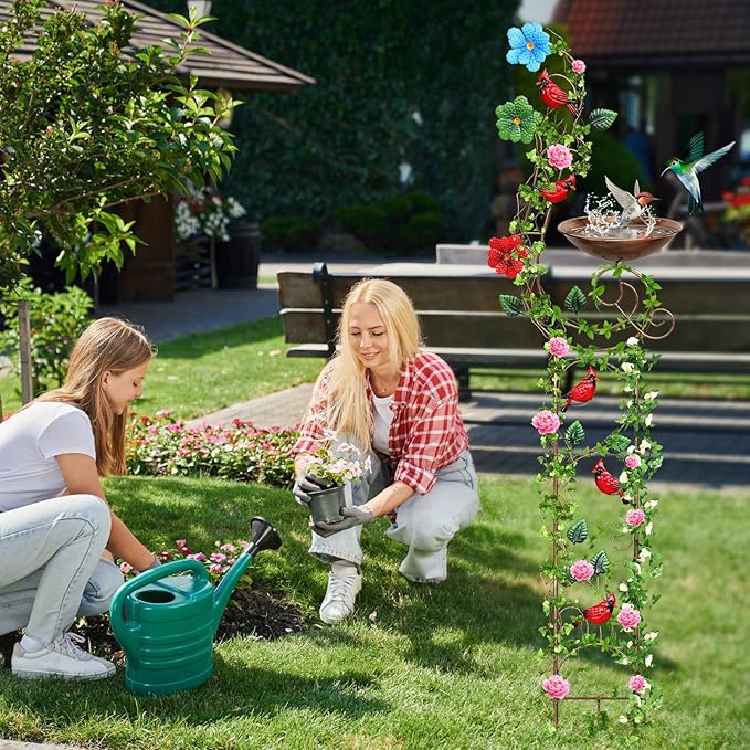 YADOOLIFE 57” Bird Bath with Garden Trellis for Climbing Plants Outdoor, Small Decorative Trellises Metal Birdbath Bird Baths, 1 Piece (Redbird)