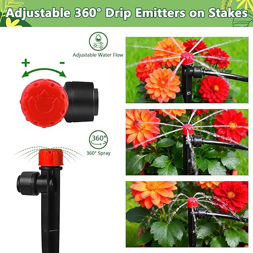 Push-to-Fit Drip Irrigation Emitters for 1/4" Drip Irrigation Tubing, 30 Pieces Adjustable 360 Degree Water Flow Drippers Sprayer on Stake 360° Full Circle Multi-Stream Irrigation Drippers