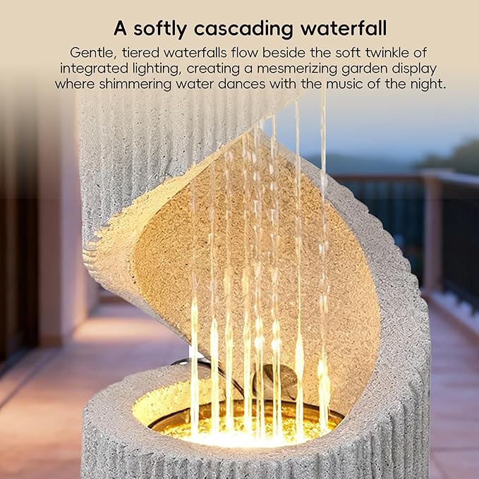 30” H Modern S-Shaped Outdoor Fountain with LED Light, Resin Spiral Column Waterfall Feature with Flat Top for Plant Display, Decorative Water Fountain for Garden, Patio