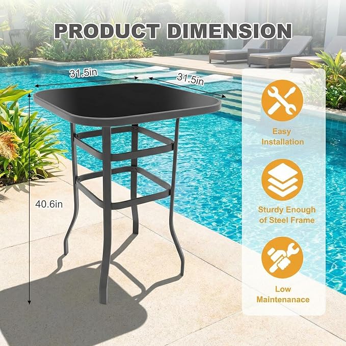 GarveeHome Outdoor Patio Bar Table, 31.5 Inch Tempered Glass Bistro High Top Table with All Weather Metal Frame for Deck, Porch, Poolside, Garden