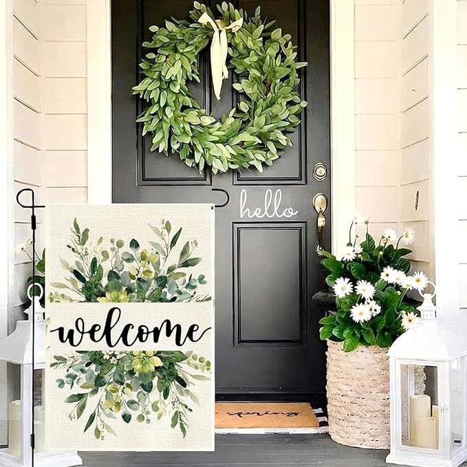 Garden Flag 12x18 Inch Double Sided for Outdoor Use Spring Summer floral welcome sign with eucalyptus design, ideal spring decorations for home, seasonal farmhouse yard flag for outside patio and garden