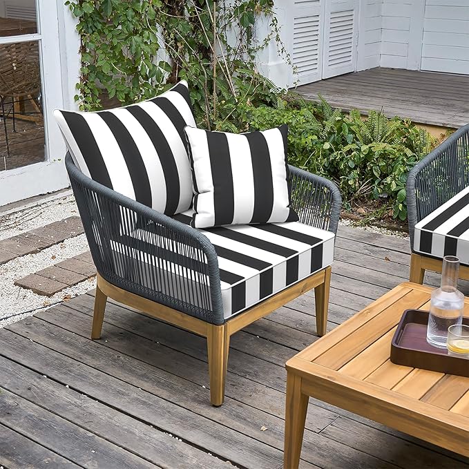 LVTXIII Outdoor Deep Seat Cushion Patio Seat and Back Cushion Set Seasonal Chair Cushion with Removable Cover and Adjustable Buckle for Home and Garden, 24"x24"x4", Cabana Black