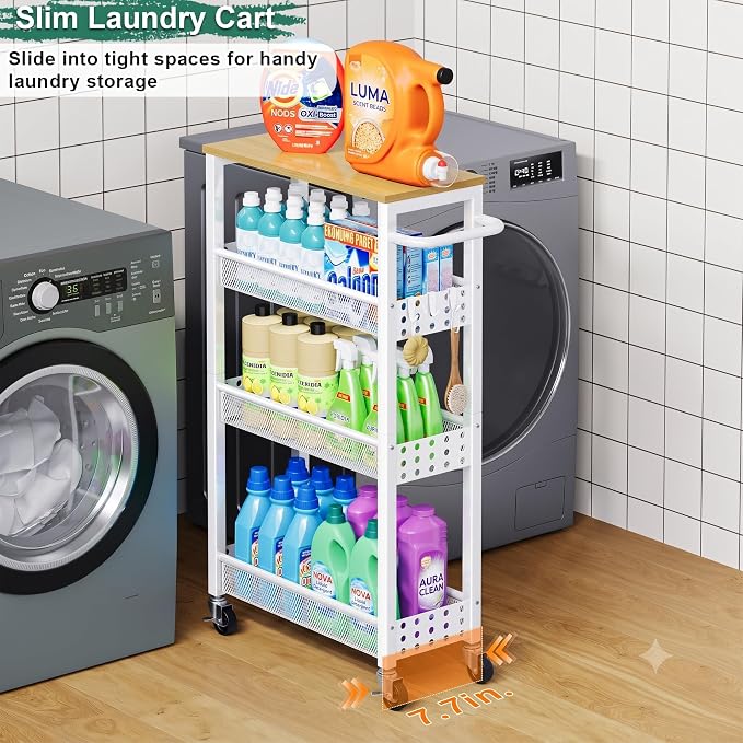 Laundry Room Slim Rolling Cart with Wheels for Between Washer and Dryer Gap | Utility Narrow Laundry Room Organization and Storage Shelves, White Skinny Shelf with Table Top,Detergent Organizer Cabinet