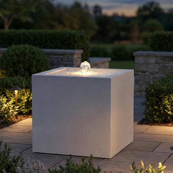 Sunnydaze Outdoor Water Fountain with LED Light - Modern Square Bubbler Water Feature with Pump - 17.5" H - for Patio, Garden, Deck, Relaxation and Stress Relief - Fog