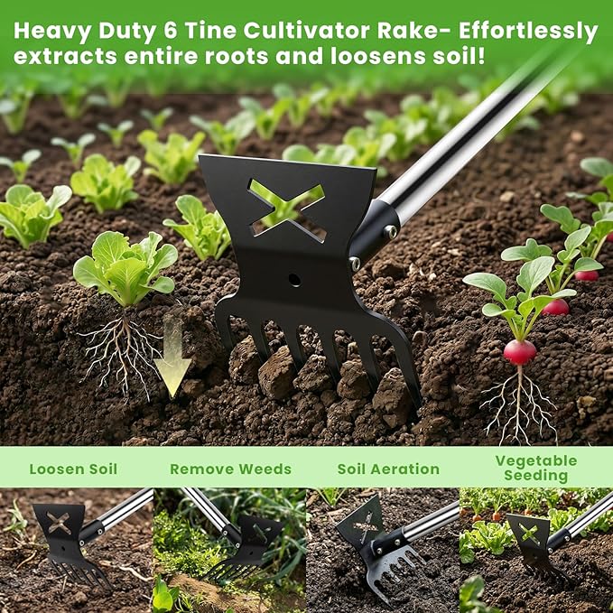 2-in-1 Garden Hoe & Weed Puller Tool with Long Handle, 57" Garden Weeders and Cultivators, Heavy Duty Manual Weed Remover Tool with 6-Tine Weeding Rake for Weeds Grass in Lawn, Garden, Yard, Patio