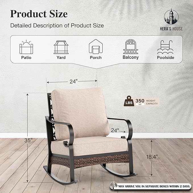 HERA'S HOUSE Patio Rocking Chairs Set of 2 with Thick Cushions, High Back Metal Outdoor Rockers, All Weather Garden Furniture for Backyard, Deck, Lawn, Beige