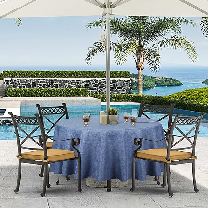 Outdoor Tablecloth Wrinkle-Free Stain Resistant Waterproof Polyester Fabric Table Cover with Zipper Umbrella Hole for Picnic/Party/Dinner/Patio Garden(60inch Round,Zippered,Denim Blue)
