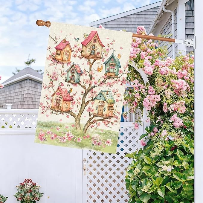 Baccessor Spring Birds House Flag Double Sided 28x40 Inch Burlap,Pink Floral Flower Tree Large Garden Flag Porch Patio Front Entry Yard Seasonal Farmhouse Outside Outdoor Decor