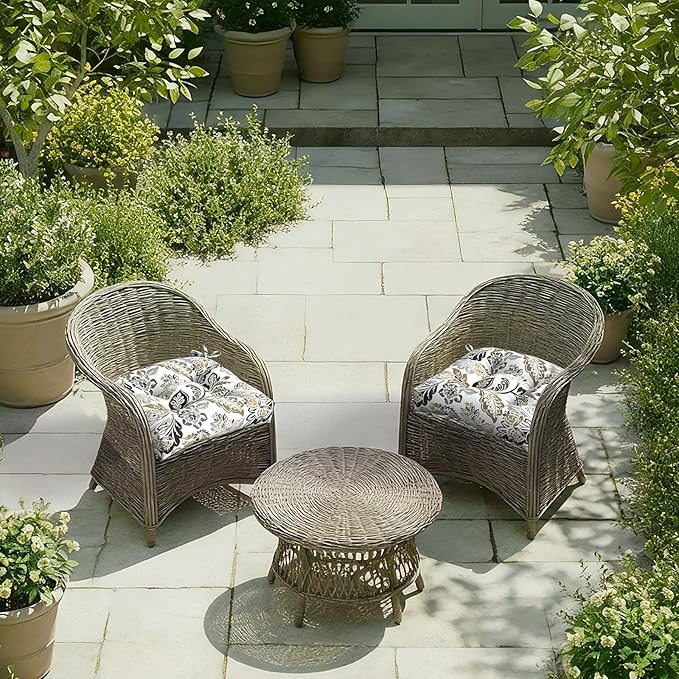 DYTXIII Set of 2 Outdoor Chair Cushions 19"x19"x4", Water Repellent Tufted Patio Seat Cushions with Ties, Thick Replacement Pads for Wicker Dining Chairs, Patio Furniture, Dailey Tan