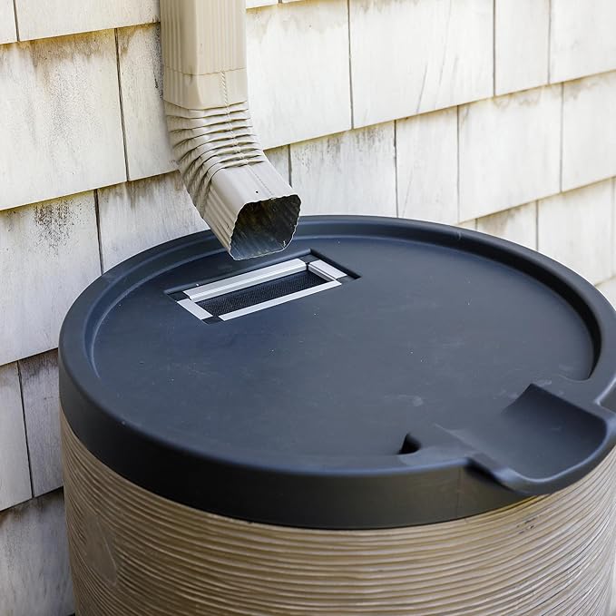 Newport 50‑Gallon Flat‑Back Rain Barrel with Stand & Planter Bundle – Sandstone | Removable Lid, UV-Stabilized Outdoor Water Storage