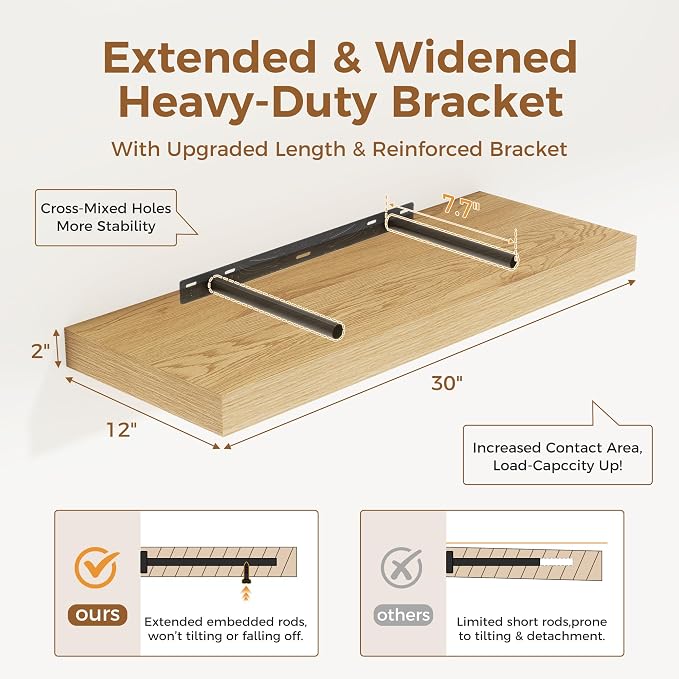 30 Inch Floating Shelves, 12 Inch Deep Floating Shelves for Wall, Rustic Wood 30 x 12 Shelves for Wall Storage & Display, 2 Inch Thicked Floating Shelf for Bathroom, Living Room, Oak Color, 2 Pack
