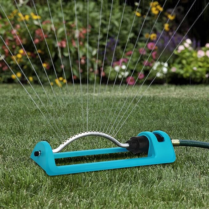 Lawn Sprinkler, Oscillating Sprinkler with 18 Hole Brass Nozzles, Gardening Tool Watering for Lawn & Garden Covers up to 3,600 sq.ft, Nozzle Cleaning Tool Build on the End of the Product, Blue