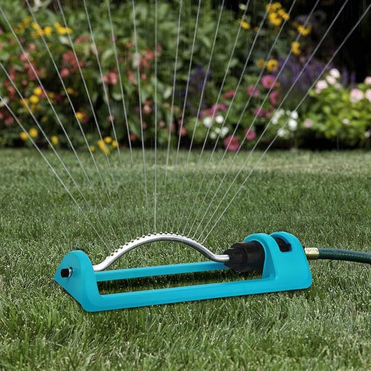 Lawn Sprinkler, Oscillating Sprinkler with 18 Hole Brass Nozzles, Gardening Tool Watering for Lawn & Garden Covers up to 3,600 sq.ft, Nozzle Cleaning Tool Build on the End of the Product, Blue