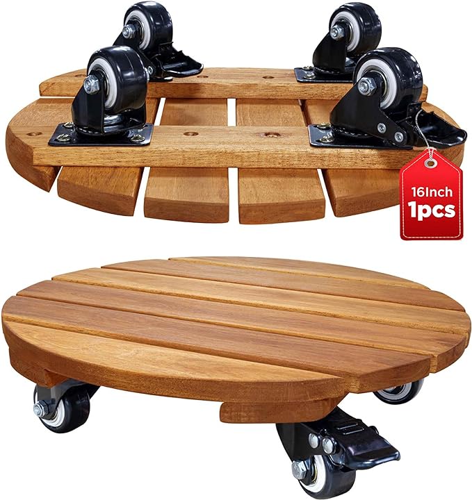 16inches Capacity 500lbs Wood Plant Caddy With Wheels Heavy Duty, Acacia Hardwood Plant Dolly, Plant Stand with 360° Lockable Wheels for Plant Pots, Heavy Objects Hauling - Natural Wood