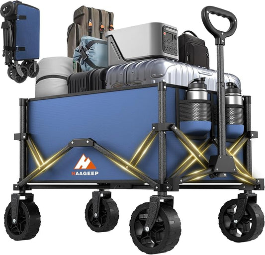 Navy Blue Collapsible Wagon with Wheels, Portable Wagons Carts Foldable, Folding Wagon Cart for Groceries, Sports Garden Shopping Utility Wagon