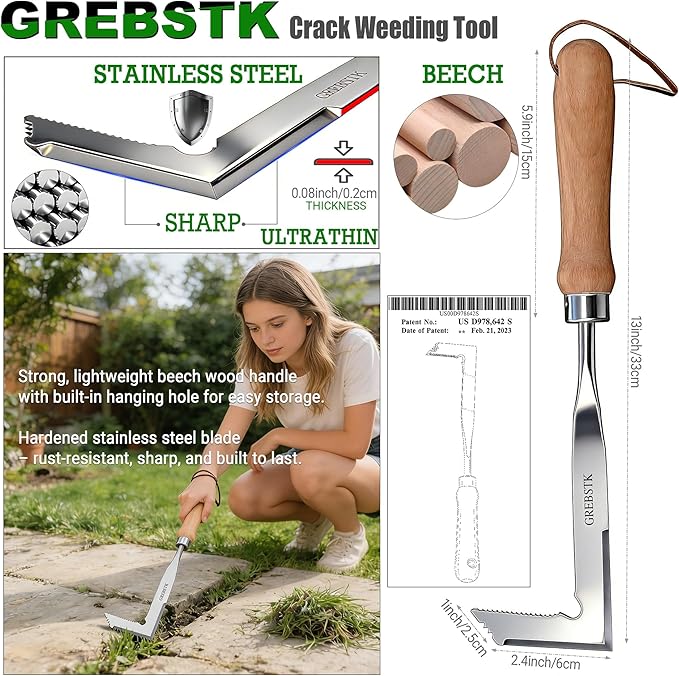 GREBSTK Crack Weeder Crevice Weeding Tool Stainless Steel Manual Weeder Beech Handle Gardening Tool