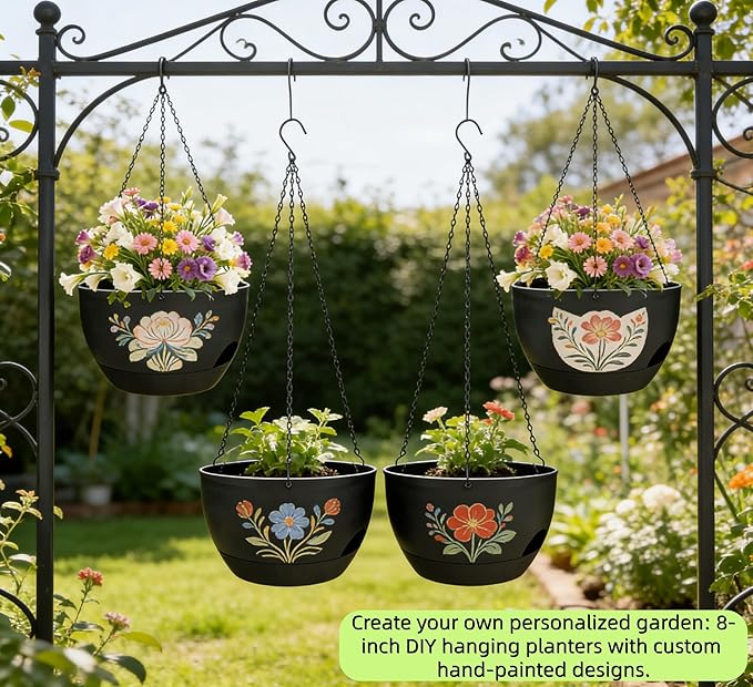 Set of 4-8 Inch Self Watering Hanging Planters for Indoor Outdoor，Hanging Plant Pots with Drainage & Removable Tray, Hanging Pots Holder for Ivy, Pothos, Ferns, Balcony & Patio, Black