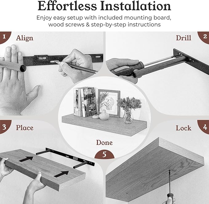 24" Walnut Floating Shelves Wood Wall Shelf, Walnut Color, Set of 2 | Wall Mounted Wood Shelves, For Bathroom, Bedroom, Living Room, Kitchen, Hanging Shelf for Books/Storage/Room Décor