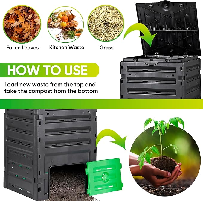 SUPER DEAL 120 Gallon Compost Bin, 450L Outdoor Garden Waste Composter with Flip-top Lid and Bottom Door, Large Capacity BPA Free Material for Fast Creation of Fertile Soil, Easy to Assemble, Black