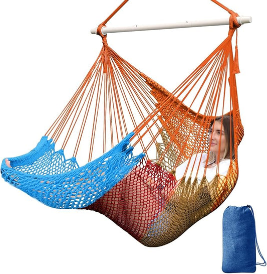 Chihee Handwoven Cotton Hammock Chair Large Hanging Rope Chair 7.9ft with Detachable Strong Metal Spreader Bar, Breathable Net Swing Seat Color Blocking, Portable with Carry Bag, Indoor Outdoor Use