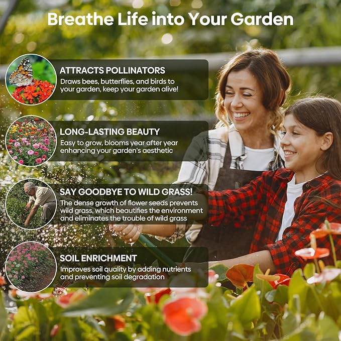 Groundio Wildflower Seeds Mix, 2 Oz, 50,000+ Seeds, 28 Varieties, Attracts Bees, Butterflies & Birds, Colorful Flowers