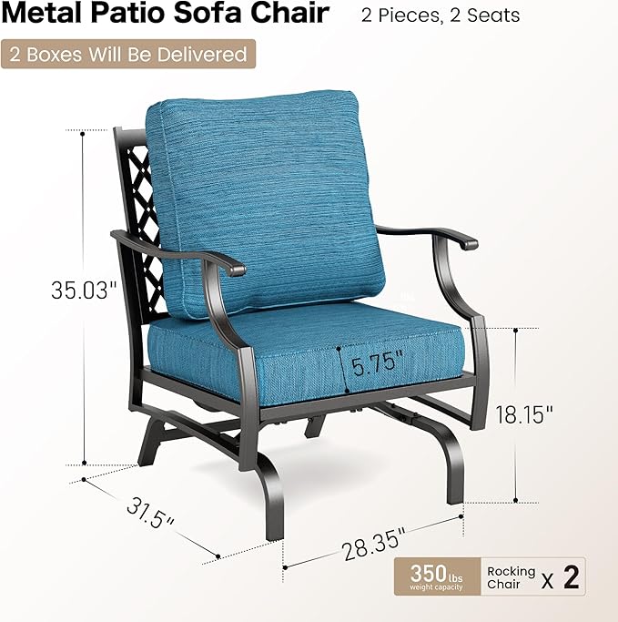 SUNSHINE VALLEY Metal Outdoor Rocker Patio Chairs Set of 2 with 5.75" Extra Thick Cushion, 2 Piece High Back Rocker Patio Chairs All Weather Outdoor Furniture Seating for Deck Balcony Porch, Blue-2