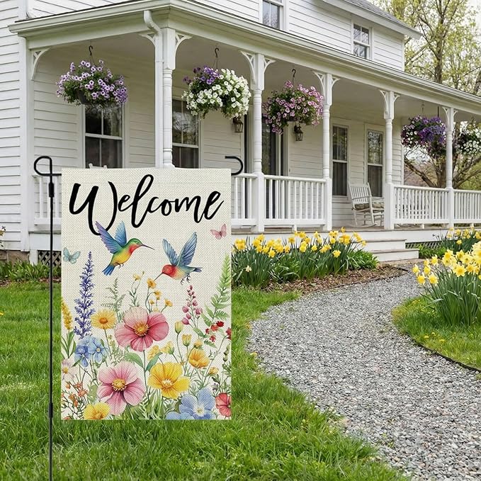 CROWNED BEAUTY Spring Garden Flag Floral Hummingbirds 12x18 Inch Double Sided Small Seasonal Holiday Decoration for Outdoor Lawn Yard