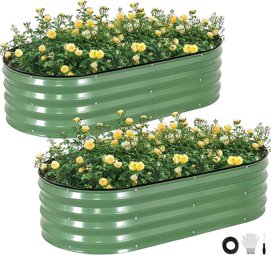 STBoo Galvanized Raised Garden Bed Outdoor, 2Pcs 4x2x1ft Oval Planter Box with Rubber Strip, Metal Raised Bed Kit for Vegetables Flowers Herbs, Olive Green
