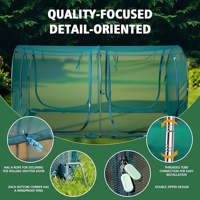 99x49x49 Inch Crop Cage, Portable Tunnel Plant Netting Cover Tomato Netting, 4 Roll-Up Zipper Door Garden Cage, Bug Netting Cover for Vegetables & Fruits, Durable Raised Garden Bed Covers