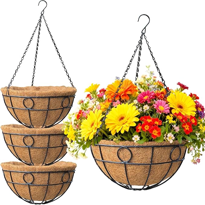 4 Pack 12 Inch Metal Outdoor Hanging Baskets Black Heavy Duty Hanging Planters with Coco Liners for Indoor Outdoor Plants Gardens Patios Terraces（Round）