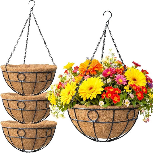 4 Pack 12 Inch Metal Outdoor Hanging Baskets Black Heavy Duty Hanging Planters with Coco Liners for Indoor Outdoor Plants Gardens Patios Terraces（Round）
