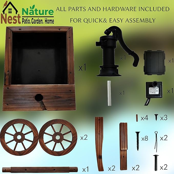 NestNature Outdoor Water Fountain,Wooden Wagon Wheel Pump Old-Fashioned Fountain,Solar-Powered Electric Decorative Hand Pump, Outdoor Water Feature for Patio, Garden & Indoor Decoration
