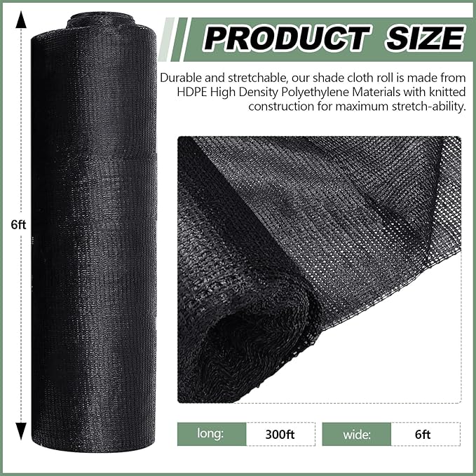 6 x 300 ft Black Shade Cloth Roll for Covering Garden 90% Mesh UV Resistant Net with Ties for Patio Outdoor Greenhouse Fence Flower Plant Cover Canopy