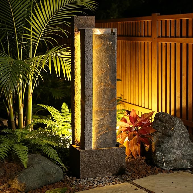 Sunlinua 43H Modern Outdoor Water Fountain with LED Light Garden Cascading Waterfall Feature for Indoor or Outdoor Cascading Waterfall for Relaxing Garden Patio Backyard Deck Porch or Home Décor